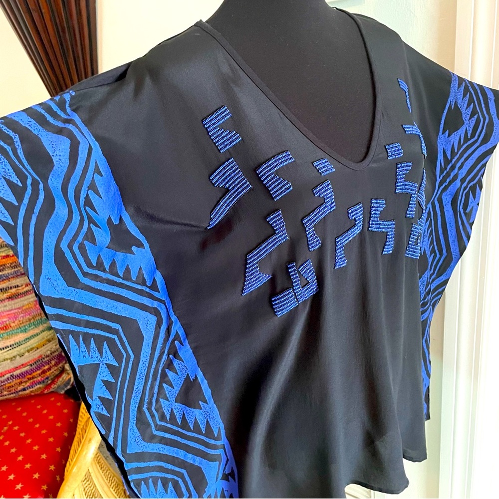 Anthropologie Black Tunic with Bright Blue Geometric Detailing - Picture 2 of 12